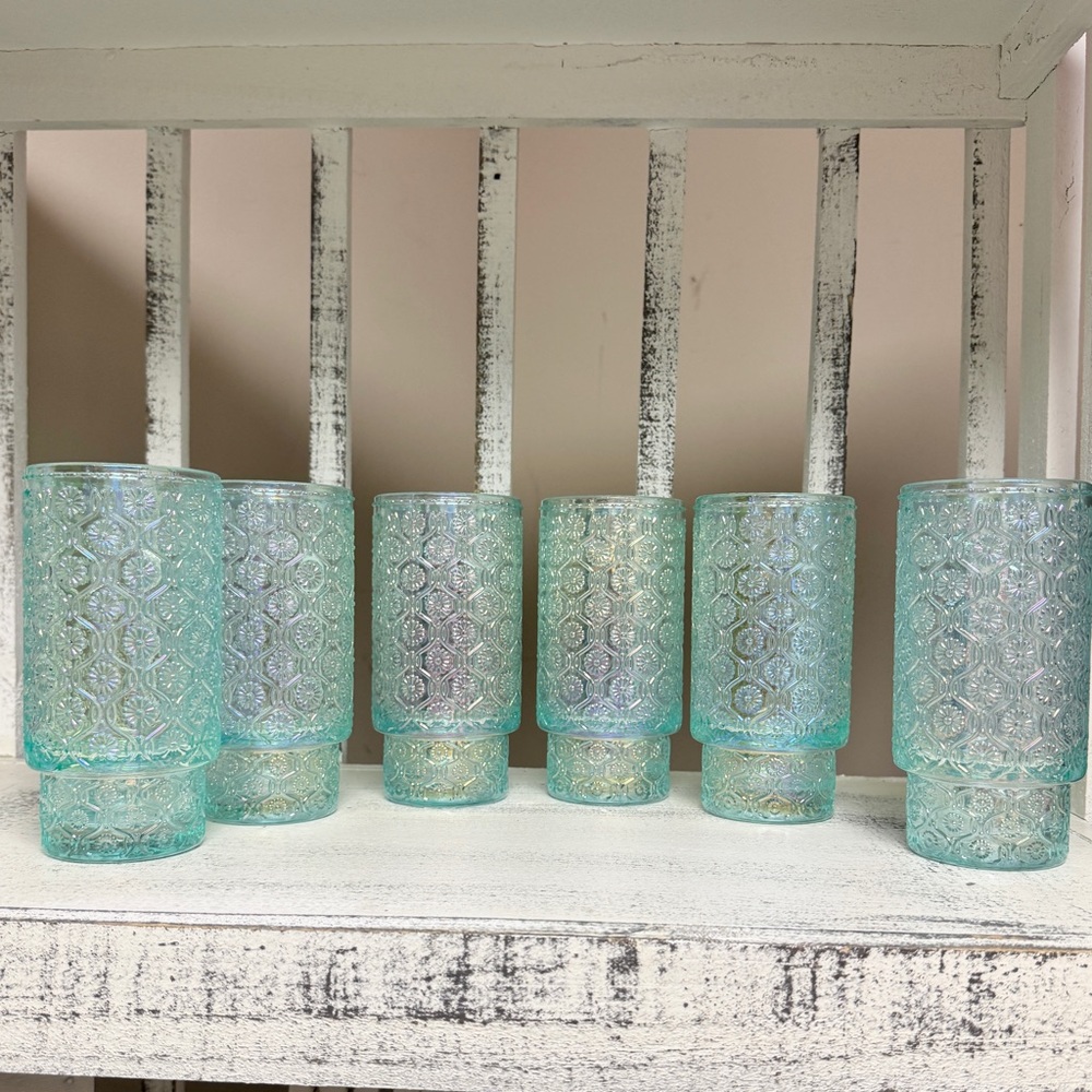BKLYN Steel Co. G
Floral Aqua Iridescent Glass Tumbler Set (6)